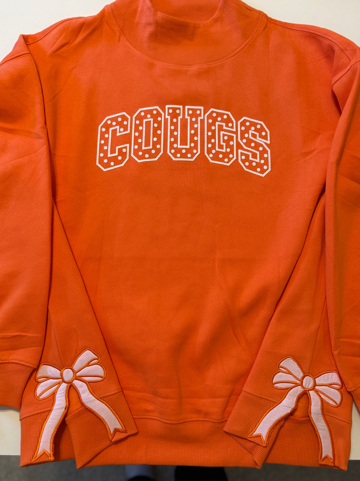 Cougs Puff Vinyl Polka Dot Logo on Orange Mock Neck Sweatshirt with Embroidered Side Bow Slits